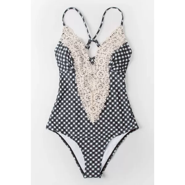 imageCUPSHE Womens One Piece Vintage Lace Deep V Neck Cutout SwimsuitGingham