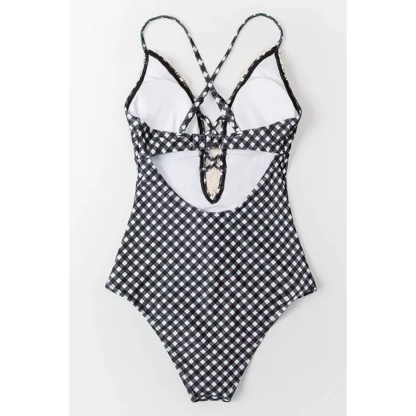 imageCUPSHE Womens One Piece Vintage Lace Deep V Neck Cutout SwimsuitGingham