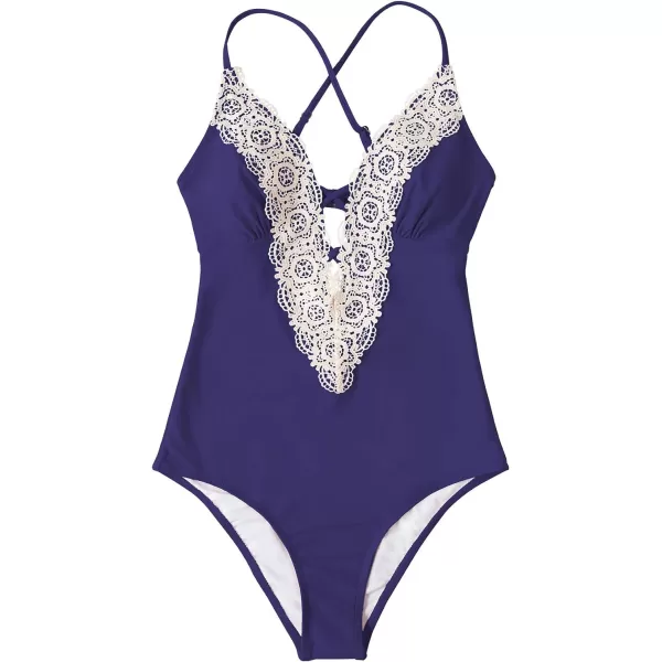 imageCUPSHE Womens One Piece Vintage Lace Deep V Neck Cutout SwimsuitNavy Blue