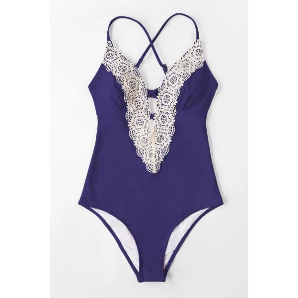 imageCUPSHE Womens One Piece Vintage Lace Deep V Neck Cutout SwimsuitNavy Blue