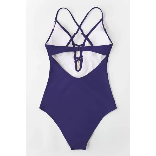 imageCUPSHE Womens One Piece Vintage Lace Deep V Neck Cutout SwimsuitNavy Blue