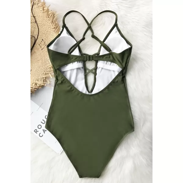 imageCUPSHE Womens One Piece Vintage Lace Deep V Neck Cutout SwimsuitOlive Green