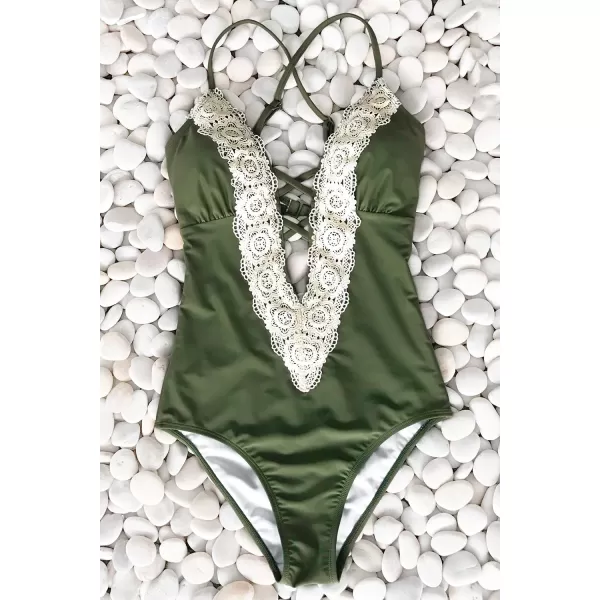 imageCUPSHE Womens One Piece Vintage Lace Deep V Neck Cutout SwimsuitOlive Green