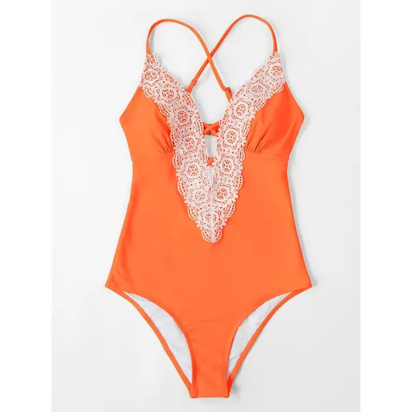 imageCUPSHE Womens One Piece Vintage Lace Deep V Neck Cutout SwimsuitOrange