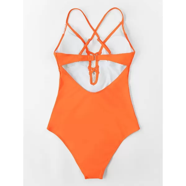 imageCUPSHE Womens One Piece Vintage Lace Deep V Neck Cutout SwimsuitOrange