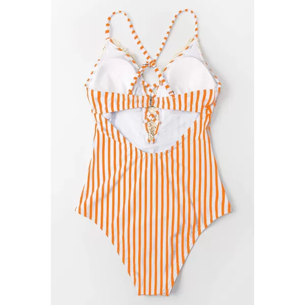 imageCUPSHE Womens One Piece Vintage Lace Deep V Neck Cutout SwimsuitOrange Striped