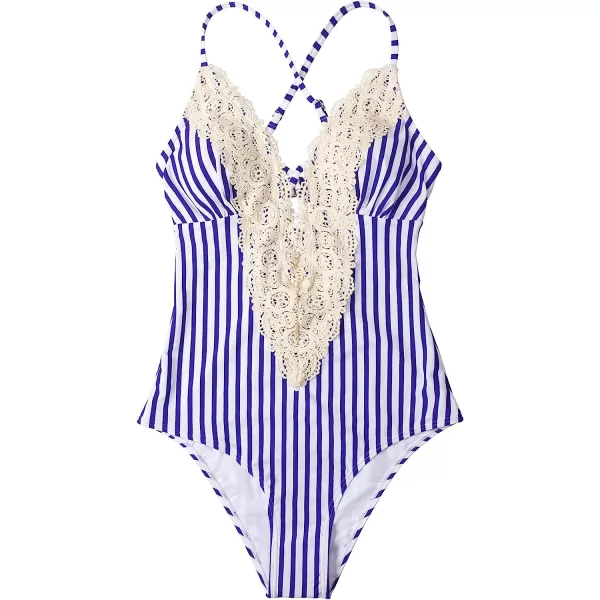 imageCUPSHE Womens One Piece Vintage Lace Deep V Neck Cutout SwimsuitPurple Stripe