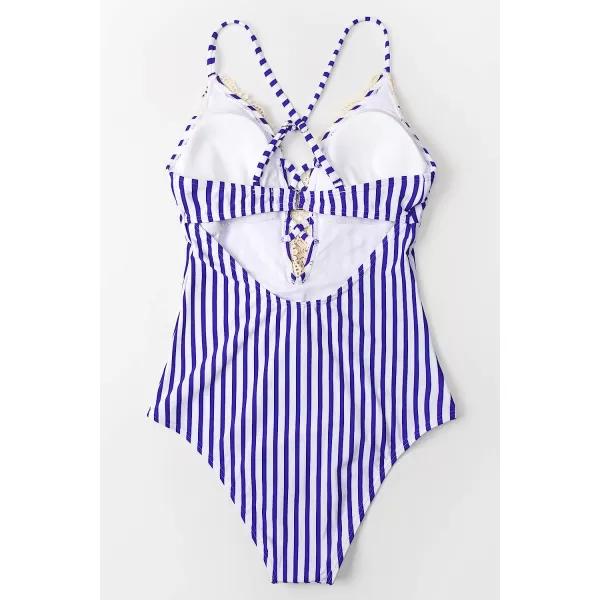 imageCUPSHE Womens One Piece Vintage Lace Deep V Neck Cutout SwimsuitPurple Stripe