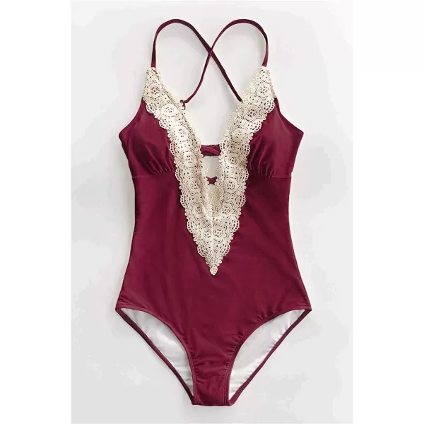 imageCUPSHE Womens One Piece Vintage Lace Deep V Neck Cutout SwimsuitRed