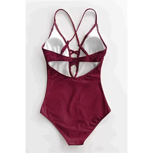 imageCUPSHE Womens One Piece Vintage Lace Deep V Neck Cutout SwimsuitRed
