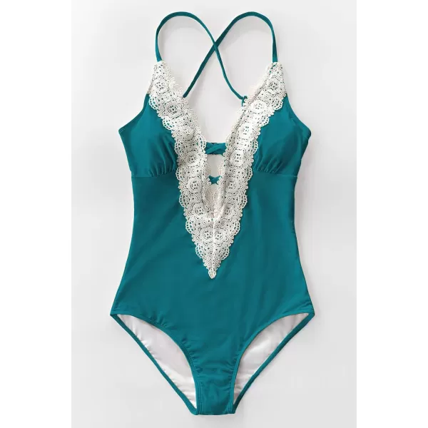 imageCUPSHE Womens One Piece Vintage Lace Deep V Neck Cutout SwimsuitTeal