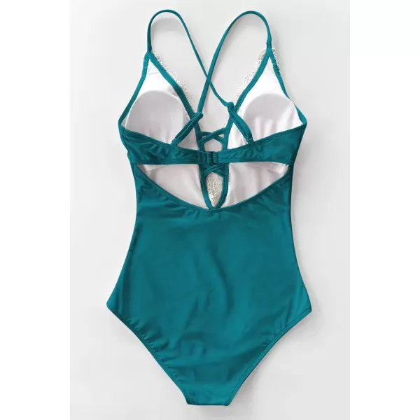 imageCUPSHE Womens One Piece Vintage Lace Deep V Neck Cutout SwimsuitTeal