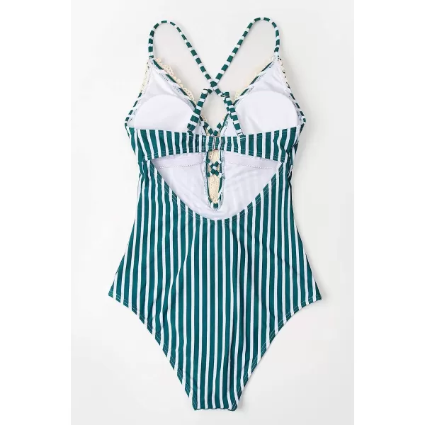 imageCUPSHE Womens One Piece Vintage Lace Deep V Neck Cutout SwimsuitTeal Stripe