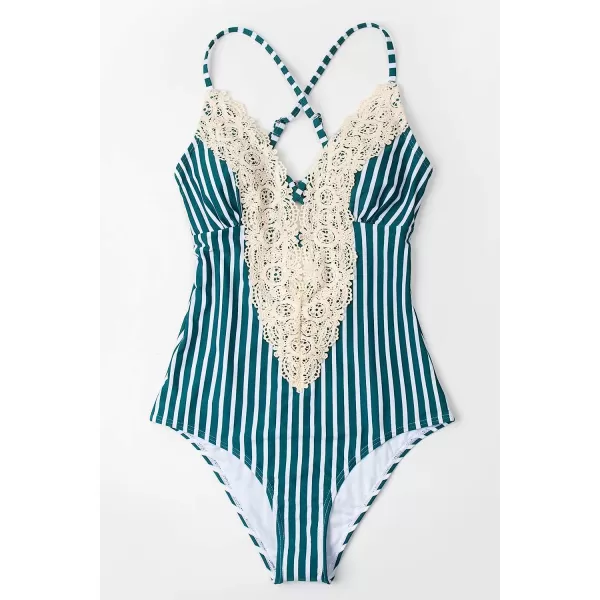 imageCUPSHE Womens One Piece Vintage Lace Deep V Neck Cutout SwimsuitTeal Stripe