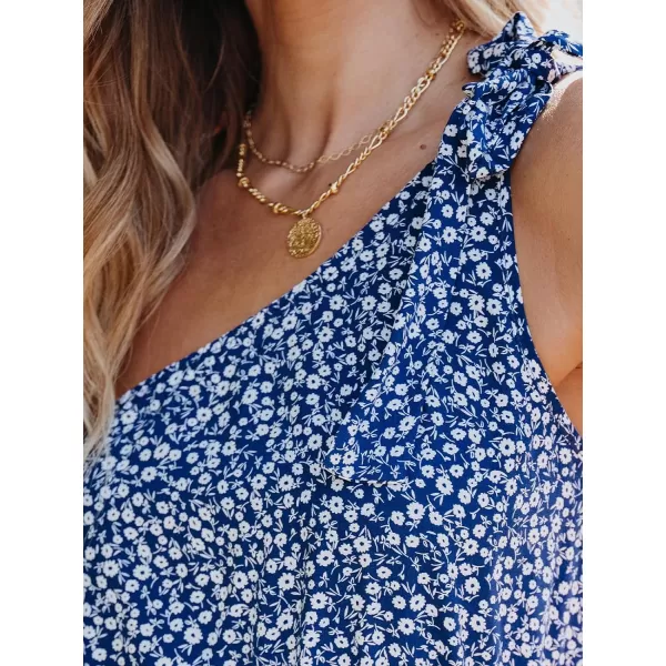 imageCUPSHE Womens One Shoulder Beach Dress Ditsy Floral Sleeveless Shoulder Tie A Line Mini Casual Summer DressesBlue