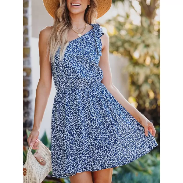 imageCUPSHE Womens One Shoulder Beach Dress Ditsy Floral Sleeveless Shoulder Tie A Line Mini Casual Summer DressesBlue