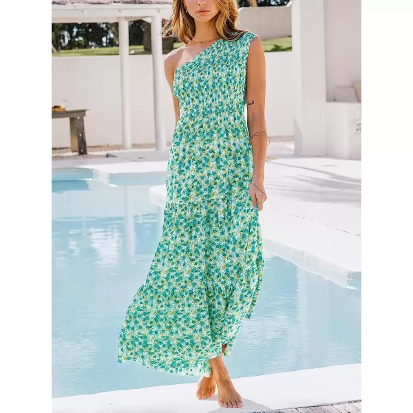 imageCUPSHE Womens One Shoulder Floral Print Sleeveless Maxi Dress Casual A Line Pleated Summer Long DressGreen Floral