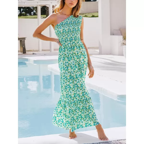 imageCUPSHE Womens One Shoulder Floral Print Sleeveless Maxi Dress Casual A Line Pleated Summer Long DressGreen Floral