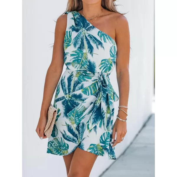 imageCUPSHE Womens One Shoulder Leaf Print Selftie Short Dress Sleeveless Tiered Hem Formal Dress Casual Mini DressGreen