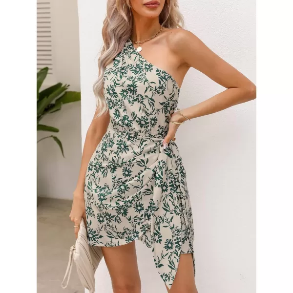 imageCUPSHE Womens One Shoulder Leaf Print Selftie Short Dress Sleeveless Tiered Hem Formal Dress Casual Mini DressGreen Floral