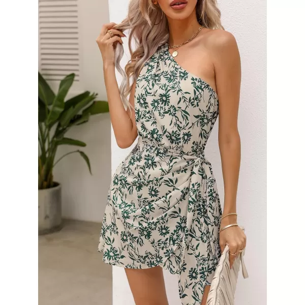 imageCUPSHE Womens One Shoulder Leaf Print Selftie Short Dress Sleeveless Tiered Hem Formal Dress Casual Mini DressGreen Floral