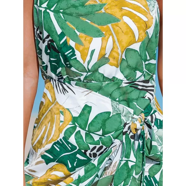 imageCUPSHE Womens One Shoulder Leaf Print Selftie Short Dress Sleeveless Tiered Hem Formal Dress Casual Mini DressGreen Tropical