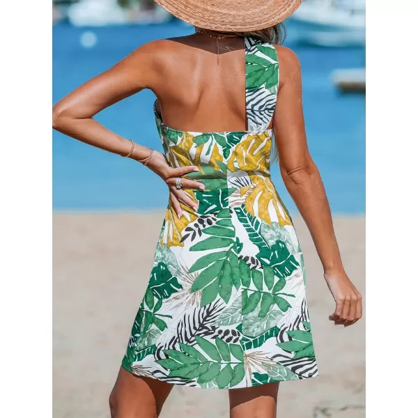 imageCUPSHE Womens One Shoulder Leaf Print Selftie Short Dress Sleeveless Tiered Hem Formal Dress Casual Mini DressGreen Tropical