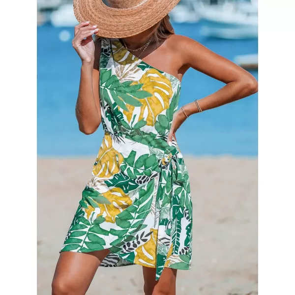imageCUPSHE Womens One Shoulder Leaf Print Selftie Short Dress Sleeveless Tiered Hem Formal Dress Casual Mini DressGreen Tropical