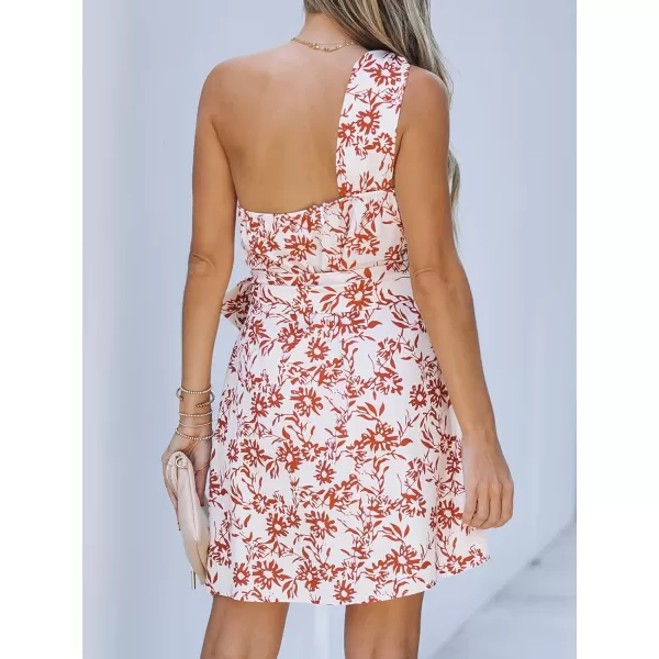 imageCUPSHE Womens One Shoulder Leaf Print Selftie Short Dress Sleeveless Tiered Hem Formal Dress Casual Mini DressRed