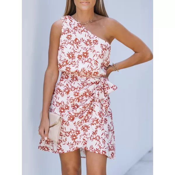 imageCUPSHE Womens One Shoulder Leaf Print Selftie Short Dress Sleeveless Tiered Hem Formal Dress Casual Mini DressRed