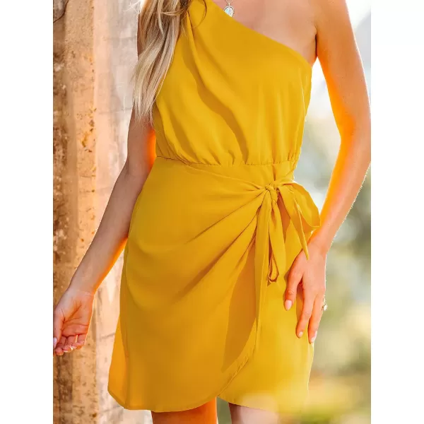 imageCUPSHE Womens One Shoulder Leaf Print Selftie Short Dress Sleeveless Tiered Hem Formal Dress Casual Mini DressYellow