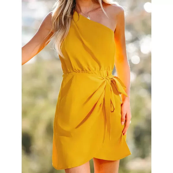 imageCUPSHE Womens One Shoulder Leaf Print Selftie Short Dress Sleeveless Tiered Hem Formal Dress Casual Mini DressYellow