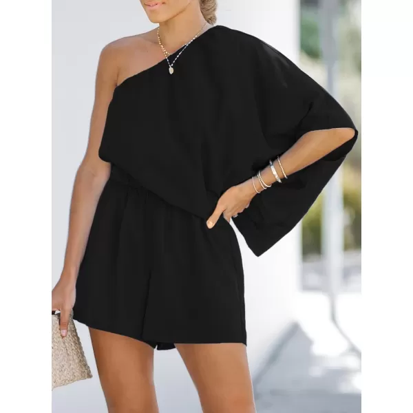 imageCUPSHE Womens One Shoulder Romper Wide Leg Short Jumpsuits Outfit Sexy Casual DatingBlack