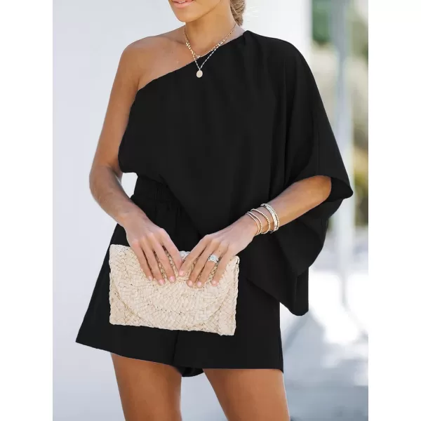 imageCUPSHE Womens One Shoulder Romper Wide Leg Short Jumpsuits Outfit Sexy Casual DatingBlack