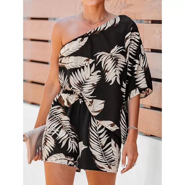 imageCUPSHE Womens One Shoulder Romper Wide Leg Short Jumpsuits Outfit Sexy Casual DatingBlack Leaves