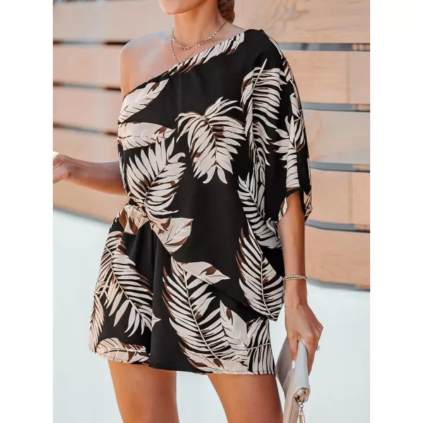 imageCUPSHE Womens One Shoulder Romper Wide Leg Short Jumpsuits Outfit Sexy Casual DatingBlack Leaves
