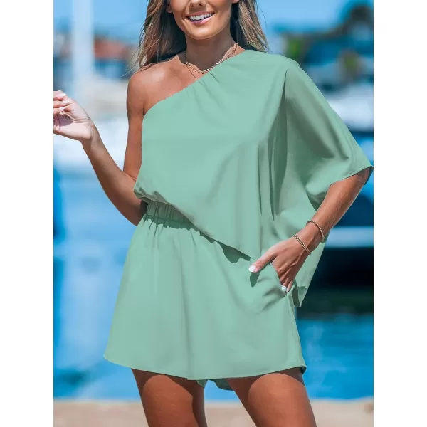 imageCUPSHE Womens One Shoulder Romper Wide Leg Short Jumpsuits Outfit Sexy Casual DatingLight Green