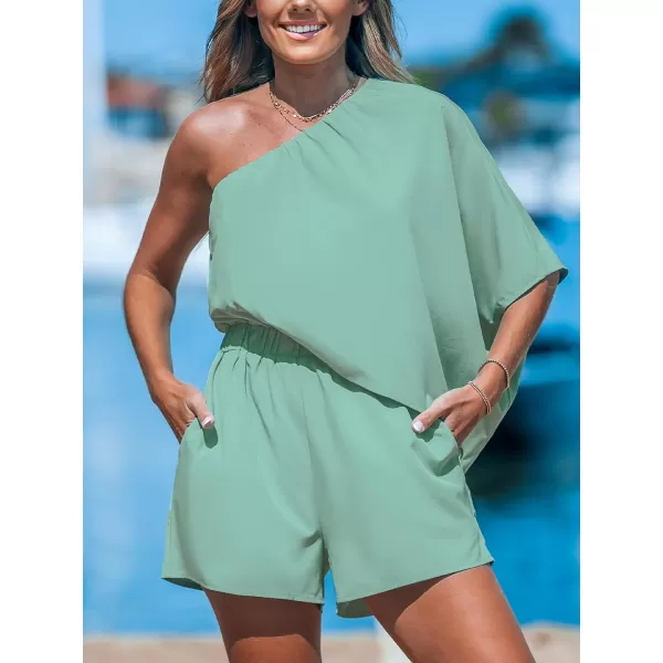 imageCUPSHE Womens One Shoulder Romper Wide Leg Short Jumpsuits Outfit Sexy Casual DatingLight Green
