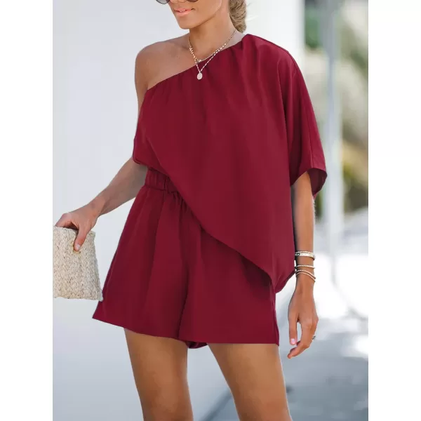 imageCUPSHE Womens One Shoulder Romper Wide Leg Short Jumpsuits Outfit Sexy Casual DatingWine