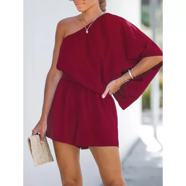 imageCUPSHE Womens One Shoulder Romper Wide Leg Short Jumpsuits Outfit Sexy Casual DatingWine