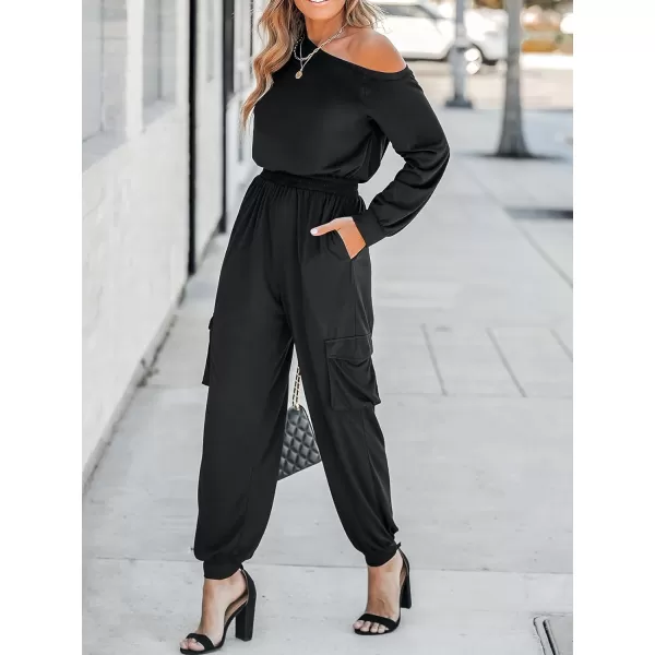 imageCUPSHE Womens One Shoulder Smocked Jogger Jumpsuit Long Sleeve Drawstring Waist Stretchy OutfitBlack