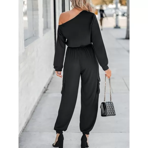 imageCUPSHE Womens One Shoulder Smocked Jogger Jumpsuit Long Sleeve Drawstring Waist Stretchy OutfitBlack