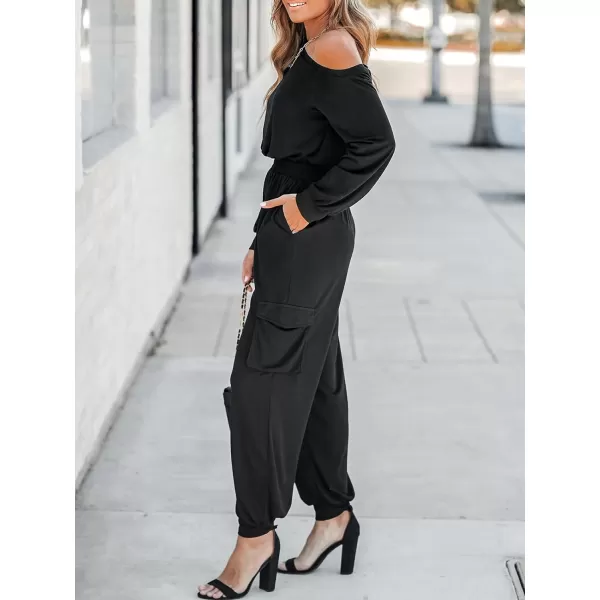 imageCUPSHE Womens One Shoulder Smocked Jogger Jumpsuit Long Sleeve Drawstring Waist Stretchy OutfitBlack