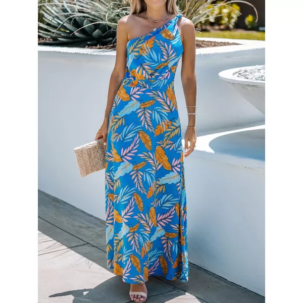 imageCUPSHE Womens One Shoulder Tropical Leaf Print Long Dress Sleeveless Maxi Formal DressBlue