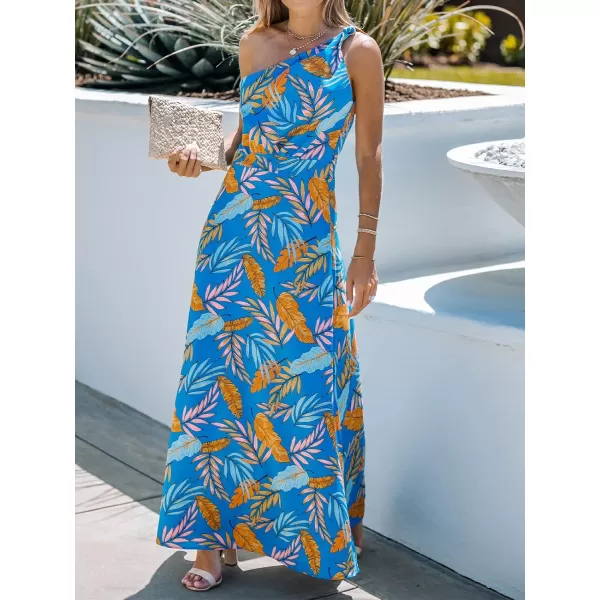 imageCUPSHE Womens One Shoulder Tropical Leaf Print Long Dress Sleeveless Maxi Formal DressBlue