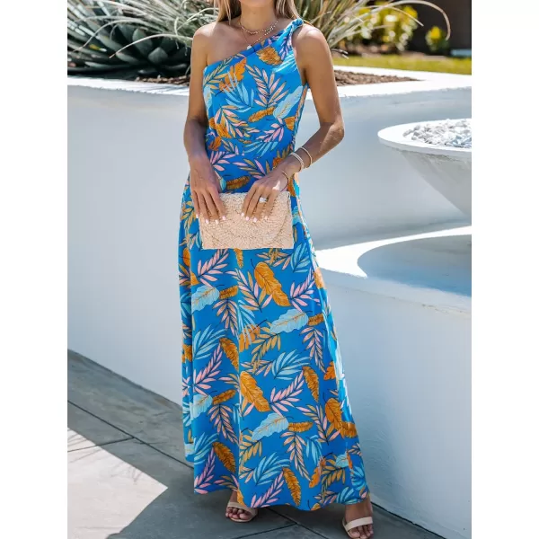 imageCUPSHE Womens One Shoulder Tropical Leaf Print Long Dress Sleeveless Maxi Formal DressBlue