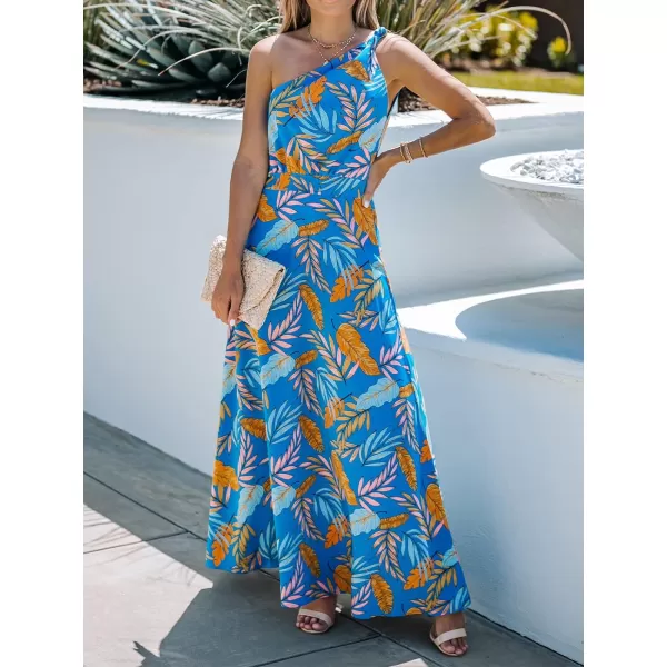 imageCUPSHE Womens One Shoulder Tropical Leaf Print Long Dress Sleeveless Maxi Formal DressBlue