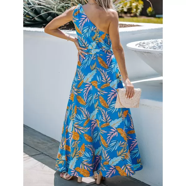 imageCUPSHE Womens One Shoulder Tropical Leaf Print Long Dress Sleeveless Maxi Formal DressBlue