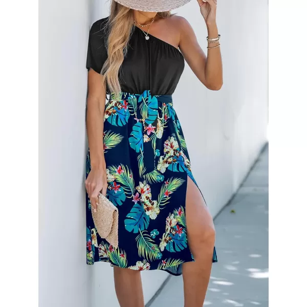 imageCUPSHE Womens One Shoulder Tropical Leaf Print Midi Dress Selftie Sash Belt A Line Summer Dress Short DressBlue Floral