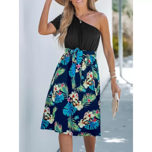 imageCUPSHE Womens One Shoulder Tropical Leaf Print Midi Dress Selftie Sash Belt A Line Summer Dress Short DressBlue Floral